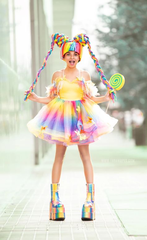 www.taramapes.com | Fun Shoots Recycling Dress, Rainbow Costume, Candy Photoshoot, Nutcracker Costumes, Circus Dress, Foam Wigs, Circus Outfits, Dress Sew, Dress Birthday Party