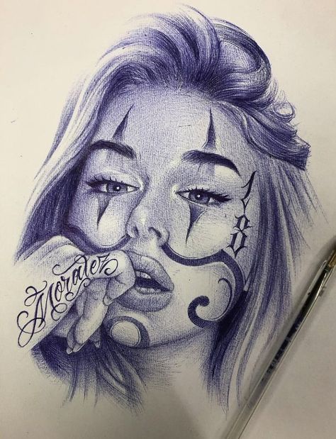 Tattoo Pocket Watch, Chicana Clown Tattoo, Chola Tattoo Ideas, Chicano Tattoo Design, Women’s Face Tattoo Drawing, Realistic Woman Face Tattoo Design, Chicano Girl Tattoo, Chola Girl Tattoo, Payasa Tattoo