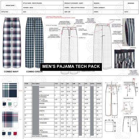 Men's Pajama Tech Pack, meticulously crafted to support fashion designers, apparel brands, and manufacturers. This detailed tech pack is designed to streamline your production process and ensure high-quality garment creation. Key Features: Detailed Garment Construction: Precise illustrations and specifications for every component of men's pajamas. Accurate Measurements: Comprehensive size charts and measurement guides to ensure perfect fit. Fabric and Trim Sourcing: Recommendations for fabr... Technical Chart Pattern, Tech Packs Fashion, Clothing Tech Pack, Garment Tech Pack, Denim Tech Pack, Men's Pajamas, Sewing Journal, Garment Construction, Technical Drawings