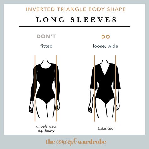 the concept wardrobe | Avoid heavy detailing like buttons around the shoulders that would draw the eye to the wide shoulders. To add volume around your hips, opt for long, soft sleeves that flare – such as raglans, kimono, or dolman sleeves. Click to read more about dressing the inverted triangle body shape. Wide Shoulders Outfits, Dress For Wide Shoulders Body Types, Wide Shoulders How To Dress, Inverted Triangle Body Shape Fashion, Pear Body Shape Fashion, Inverted Triangle Body Shape Outfits, Triangle Body Shape Fashion, Inverted Triangle Fashion, Pear Body Shape Outfits