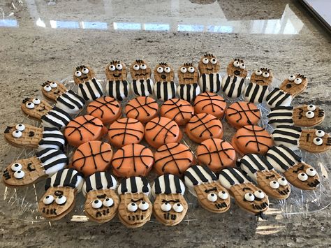 Basketball Oreos and Referee Nutter Butters Basketball Theme Desserts, Basketball Oreos, Basketball Birthday Cakes For Boys, Basketball Themed Food, Basketball Food Party Ideas, Basketball Desserts, Basketball Cupcakes Ideas, Basketball Banquet Ideas, Basketball Food