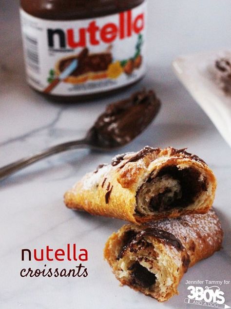 Nutella Croissants - 2 ingredients and your morning is off to a heavenly start. A great idea for a quick breakfast that is still a little bit special - perfect for Christmas morning or a birthday breakfast. Breakfast Ideas With Bread, Nutella Recipes Breakfast, Breakfast Nutella, Croissants Breakfast, Simple Breakfast Ideas, Nutella Croissant, Nutella Puff Pastry, Nutella Recipe, Nutella Recipes Easy