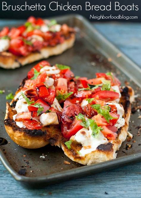 Cheesy Chicken Bruschetta Bread Boats are a flavor packed 30 minute meal. Bruschetta Bread, Bread Boats, Chicken Bruschetta, Bruschetta Chicken, Cheesy Chicken, 30 Minute Meals, Quesadillas, Hush Puppies, Appetizer Snacks