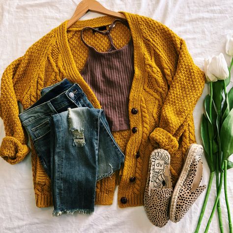 Fall flatlay • fall fashion inspiration • urban outfitters • mustard yellow chunky cardigan • outfit Mustard Yellow Outfit Aesthetic, Mustard Cardigan Outfit Fall, Dark Yellow Outfit, Mustard Yellow Cardigan Outfit, Yellow Fall Outfits, Seed Aesthetic, Mustard Cardigan Outfit, Yellow Cardigan Outfit, Chunky Cardigan Outfit