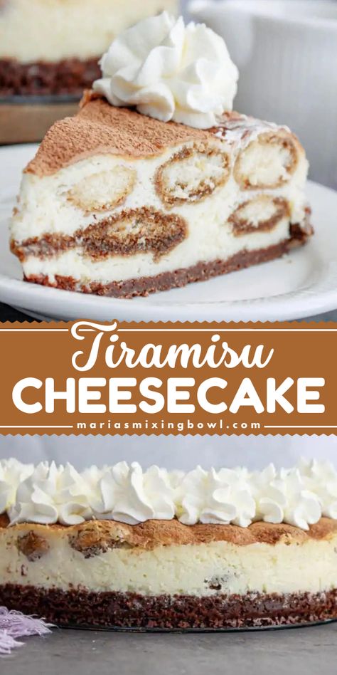 You can't go wrong with this tiramisu cheesecake! This simple baking idea has a chocolate graham cracker crust. Made with an espresso and lady finger filling plus a cocoa powder topping, this baked cheesecake is a delicious dessert recipe for your sweet food craving! Graham Cracker Cheesecake, Tiramisu Cheesecake Recipe, Mascarpone Tiramisu, Baking Recipes Pie, Breakfast Sides Dishes, Tiramisu Cheesecake, Winter Dessert, Lemon Cheesecake Bars, Family Desserts