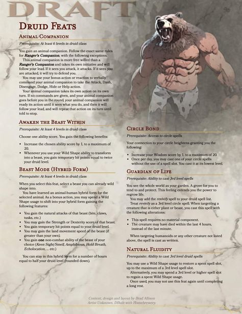 Homebrew Elf Races 5e, Druid Homebrew Spells, Martial Archetype 5e, Dnd Feats Homebrew, Dnd Homebrew Druid Subclasses, Races Dnd 5e, 5e Feats, Druid Subclass Homebrew, Dnd Wizard Subclass Homebrew