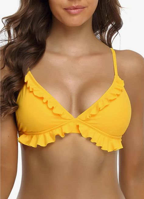 Solid bikini top with ruffles around the neckline shows a fun and sweet look. Solid Color Bikinis, Top With Ruffles, Top Clothing, Soft Bra, Linen Pants Women, Cute Bikinis, Dress Hats, Top For Women, Romper Pants