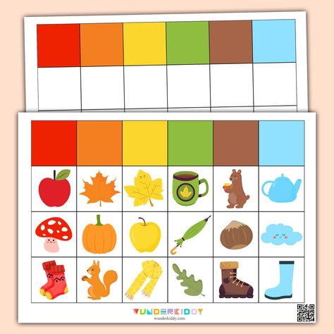 Color matching activity «Fall Colors» is meant to deepen knowledge about autumn and to develop attentiveness and logical thinking of preschoolers. The game task is to complete the chart, placing items of the same color with a sample in the corresponding raw. Print out color matching activity sheets for toddlers and cut out the game cards with objects. Mix up the cards and ask your child to name a color on the playfield, then find cards with items of the same color and put them onto the cells ... Matching Games For Toddlers, Shape Activities Preschool, Kindergarten Colors, Printable Games For Kids, Kindergarten Coloring Pages, Free Kindergarten Worksheets, Preschool Coloring Pages, Fall Kindergarten, Preschool Age