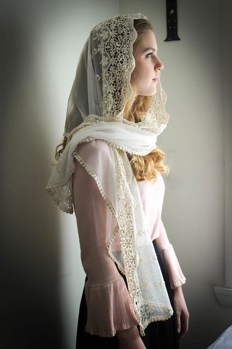 Evintage Veils~ READY TO SHIP Traditional Soft Lace French Chapel Veil Mantilla Ivory Wrap Style Christian Veils, Catholic Clothing, Chapel Veil Catholic, Veil Mantilla, Catholic Veil, Mantilla Veil, Beautiful Veil, Chapel Veil, Head Scarf Styles