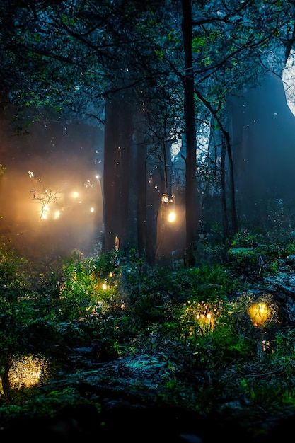 Dark fairytale fantasy forest night fore... | Premium Photo #Freepik #photo #fairy-forest #mystery-background #fantasy-forest #fantasy Fantasy Night, Forest Magic, Fairytale Decor, Abstract Forest, Dark Fairytale, Forest Light, Forest Night, Fantasy Decor, Night Forest