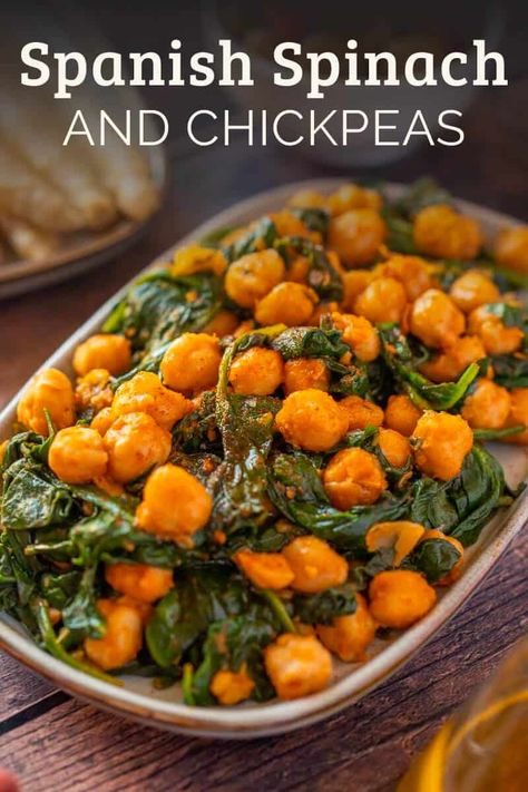 Spanish Spinach And Chickpeas, Chickpeas With Spinach, Spinach Chickpea Recipes, Plant Based Spinach Recipes, Sautéed Spinach Recipes, Healthy Recipes With Chickpeas, Raw Spinach Recipes, Sauteed Chickpea Recipes, Chopped Spinach Recipes