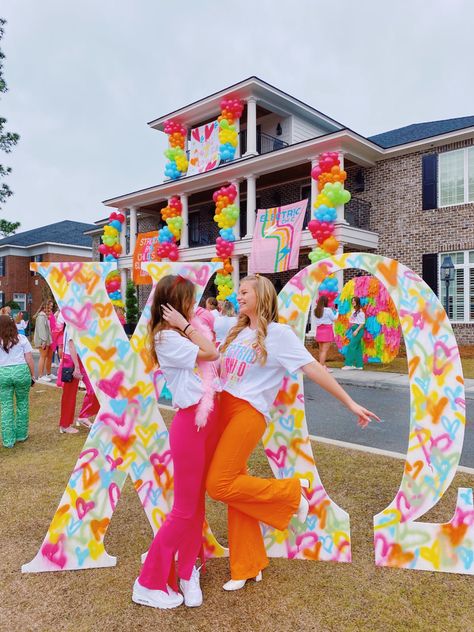 georgia southern chi o spring bid day neon colors theme inspo Neon Bid Day Theme, 80s Sorority Theme, Neon Sorority Theme, Recruitment Themes Ideas, New Bids On The Block Bid Day, Electric Love Bid Day, Neon Bid Day, Unique Bid Day Themes, Chi Omega Bid Day