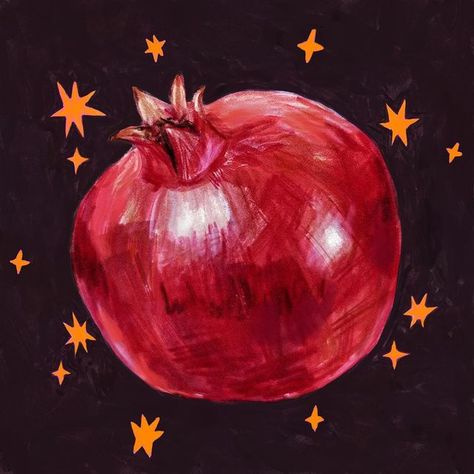 ANNA ☆ ARTIST, ILLUSTRATOR & COURSE CREATOR on Instagram: "New version of one of my most appreciated art pieces. ✨ I’m still waiting for the pomegranate emoji. #pomegranate #pomegranateart #pomegranatelove #redraw #fruitart #fruitartist #fruitlove #fruitlovers" Pomegranate Wall Art, Pomegranate Oil Pastel, Pomagranet Painting, How To Draw A Pomegranate, How To Paint A Pomegranate, Pomagranet Art Painting, Pomegranate Painting Acrylics, Pomegranate Wallpaper Iphone, Pomogranette Drawing