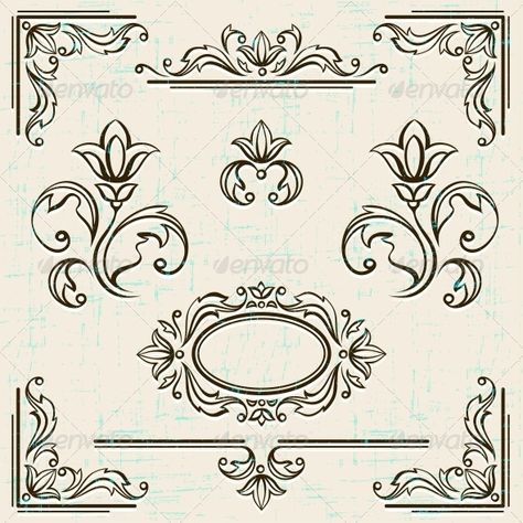 Page Decoration Vintage Frames. Calligraphy Embellishments, Vintage Banners, Baroque Border, Frames Design Graphic, Antique Ornaments, Vintage Frames Vector, Book Binding Diy, Victorian Frame, Page Decoration