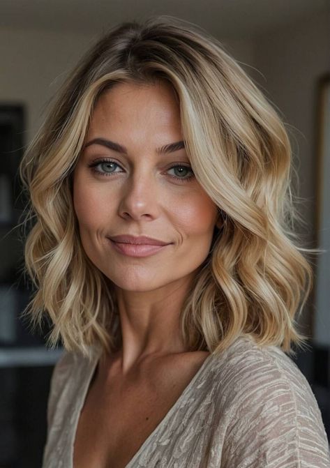 12 Medium Blonde Hairstyles That Are Simply The Perfect Length Med Length Blonde Hairstyles, Wavy Hairstyles For Medium Hair, Shoulder Blonde Hair, Elegant Wavy Hairstyles, Blond Shoulder Length Hair, Medium Blonde Hairstyles, Beachy Hairstyles, Shoulder Length Hair Blonde, Shoulder Length Blonde