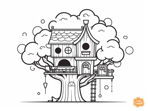 illustration of Fun tree-house coloring sheet Cozy Tree House, House Black And White, House Colouring Pages, Childhood Dreams, Tree Coloring Page, Pinterest Diy Crafts, Pinterest Diy, Black And White Drawing, Black And White Pictures