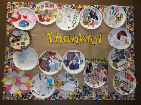 Plateful of Thankfulness:  A class take home project.  Families filled their plates with things they were thankful for. Thankful Plate Projects For Kids, Thankful Projects For Preschool, Thankful Projects, Plate Collage, Preschool Family, Thanksgiving Activities Preschool, Preschool Thanksgiving, Preschool Boards, November Ideas