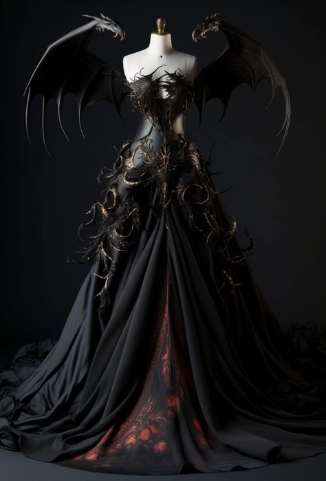 FASHION BLACK - A beautiful 🔥 Queen of Dragons🔥 dress!... Villain Attire, Black Fantasy Gown, Dragon Dress Fantasy Gowns, Black Fantasy Dress, Villain Dresses, Queen Of Dragons, Estilo Dark, Gowns Dresses Elegant, Dark Wedding