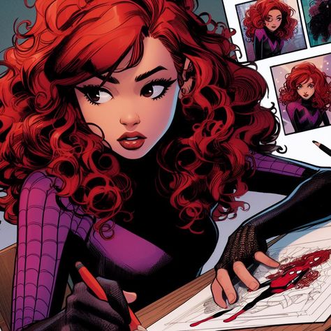 Spider Ocs, Spidergirl Oc, Fem Grunge, Spiderman Oc Art, Characters With Red Hair, Spidey Sense, Marvel Oc, Anime Red Hair, Red Curly Hair