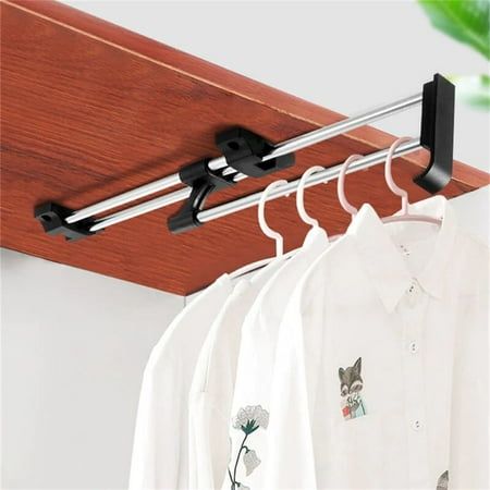 Retractable Closet Pull Out Rod,Telescopic Hanger,Clothes Hanger Product Description: Mainly suitable for wardrobes and storage areas, is a space saving storage solution. Can also be used as a towel rack in the kitchen or bathroom. one pull out closet rod, many ways to use. The pull-out closet valet rod with 4 mounting holes(2 on each end).The screw installation is convenient and firm, but also not easy to loosen. The bearing capacity of Double hang closet poles is about 50kg/110.2lb, and it can Neat Closet, Clothing Organizer, Wardrobe Rail, Hanger Clothes, Pants Rack, Clothes Rod, Space Saving Hangers, Closet Organizing Systems, Closet Rod