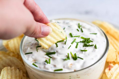 Caramelized Onion and Chive Dip Buttered Gnocchi, Chive Dip Recipes, Best Chip Dip, Chive Dip, Football Sunday Food, Caramelized Onion Dip, Crispy Chips, Creamy Dip, Dip Recipes Easy