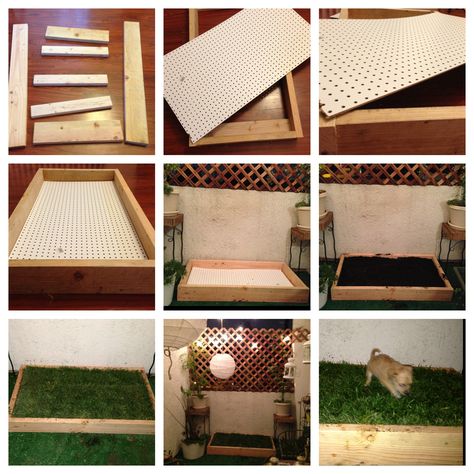 DIY dog grass box!  Easy to make and less than $40 at Home Depot! Indoor Dog Potty Diy, Dog Potty Diy, Grass Terrace, Dog Potty Patch, Pet Patio, Porch Potty, Dog Potty Area, Indoor Dog Potty, Apartment Pet