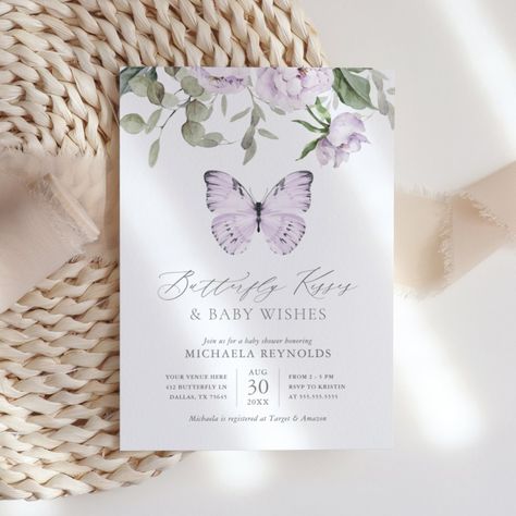 $2.93 | Butterfly Kisses Purple Floral Girl Baby Shower Invitation #butterflybabyshower #girlbabyshower #floral #watercolor #flowers #elegantwhimsicalmodern #babyshowerinvite #butterflykisses #babywishes #purple Butterfly Baby Shower Invitations, Butterfly Invitations, Butterfly Girl, Girl Birthday Party Invitations, Little Butterfly, Baby Shower Invitaciones, Butterfly Baby Shower, Blue Morpho, Baby Shower Supplies