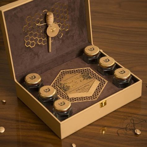 20 Unique Gift Ideas To Send With Invitation Cards This Wedding Season | WeddingBazaar Kundan Rakhi, Weddings Decorations Elegant Romantic, Box Of Love, Luxury Wooden Boxes, Cbd Packaging, Pr Kit, Rakhi Gift, Box Wedding Invitations, Honey Brand