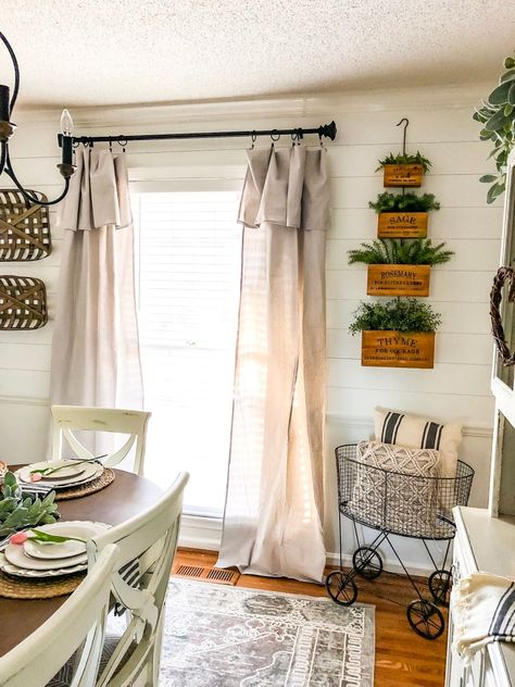 Easy Drop Cloth Curtains Faux Wood Paint, Distressed Wood Furniture, Cloth Curtains, Herb Boxes, Drop Cloth Curtains, Farmhouse Curtains, Grand Foyer, Casa Vintage, Drop Cloth