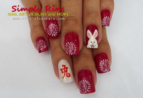 year of the rabbit?? Nail Art Chinese New Year, Chinese New Year Nail Art, Chinese New Year Nails, Chinese New Year Nail, New Year Nail Art, New Year Nail, New Year Nails, New Years Nail Art, Bunny Nails