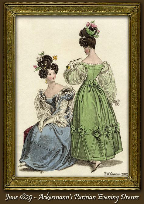 June 1829 - Parisian Evening Dresses 1800s Hair, Opera Dress, 1820s Fashion, 1830s Fashion, Fancy Dress Ball, Victoria Reign, Fancy Ball, Historical Costuming, Rococo Fashion