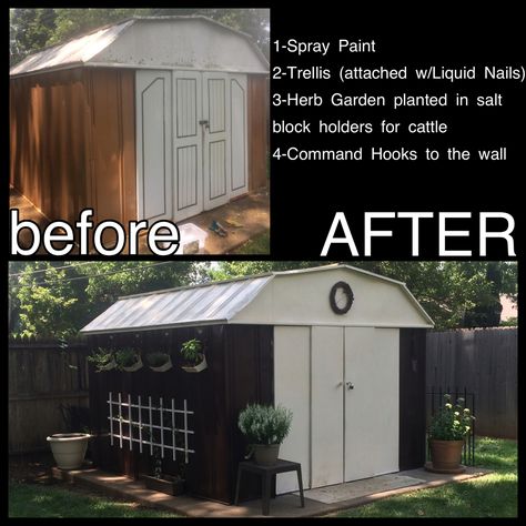 Metal Garden Yard Shed before and after Aluminum Shed Ideas, Metal Garden Shed Ideas, Painted Metal Shed Ideas, Back Of Shed Ideas, Patio Next To Shed, Shed Before And After, Metal Shed Painting Ideas, Planters Around Shed, Keter Shed Ideas