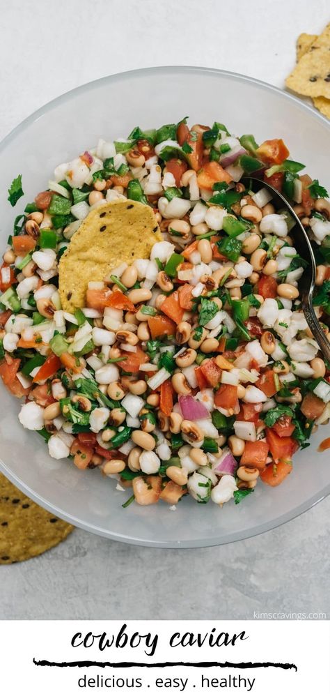 Cowboy Caviar or sometimes called Texas Caviar is an easy, fresh and flavorful dip recipe made with black-eyed peas, hominy, and veggies all tossed in your favorite salsa. Endlessly adaptable, it's the perfect tasty, healthy, make-ahead dip for any party or gathering! So simple and it makes a great low calorie vegan option. #cowboycaviar #appetizer #dip #blackeyedpeas Hominy Dip Recipes, Cowboy Caviar With Hominy, Hominy Dip, Hominy Recipes, Texas Caviar Recipe, Antipasto Salad Recipe, Texas Caviar, Low Calorie Vegan, Caviar Recipes