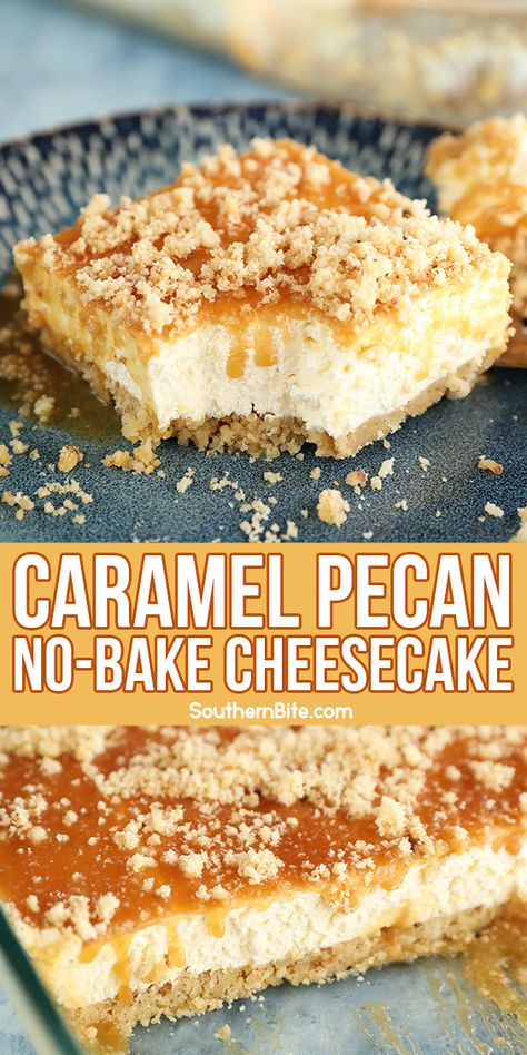 This recipe for Caramel Pecan Shortbread No-Bake Cheesecake is quick, easy, and packed with flavor. The crust made from pecan sandies is topped with no bake cheesecake filling and then drizzled with caramel sauce and more crumbled pecan sandies. It's the perfect cool dessert for your 9x13-inch pan or baking dish this summer! Caramel Pecan Shortbread, Caramel Pecan Cheesecake Bars, No Bake Caramel Pecan Cheesecake, Caramel No Bake Cheesecake, Pecan Sandies Crust Dessert Recipes, Pecan Sandies Crust, No Bake Salted Caramel Cheesecake Bars, Easy Desserts With Caramel, Dessert Recipes With Caramel