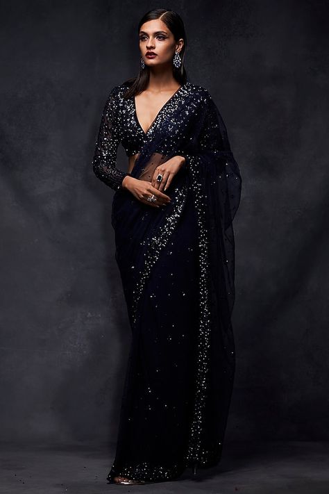 Sapphire Embroidered Saree Set Design by Seema Gujral at Pernia's Pop Up Shop 2023 Crystal Saree, Blue Sequin Saree, Full Sleeves Blouse Designs, Embellished Saree, Plunge Blouse, Seema Gujral, Sequin Saree, Full Sleeve Blouse, Saree Designs Party Wear