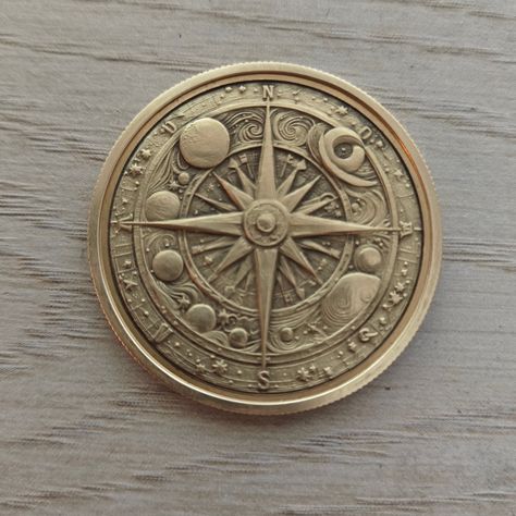 Custom made single sided Compass brass coin. 40mm diameter. Each coin is custom made and the engraving may slightly vary. Price includes custom etch on the back, can be initials or text. Library Rooms, Vis Dev, Carving Patterns, Simple Face, Wine Cellar, Golf Ball, Coin Collecting, Compass, Etching