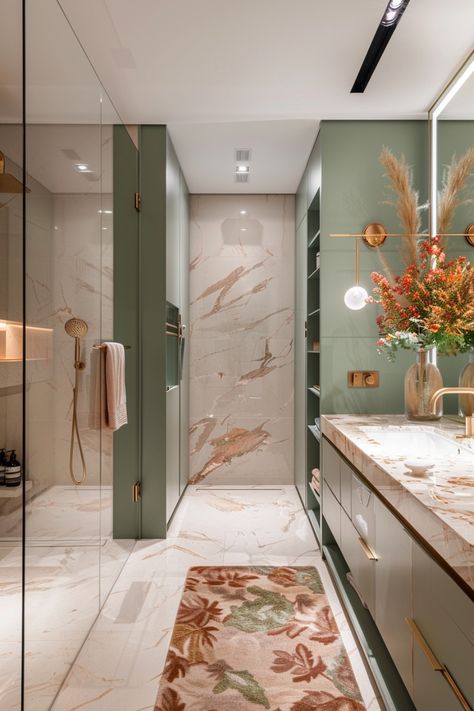 See how to create and style a stunning sage green bathroom with these tips. Topps Tiles, Gold Tile, Bathroom Wall Panels, Shower Wall Panels, Sage Green Walls, Green Curtains, The Tile Shop, Gold Bathroom, Green Bathroom