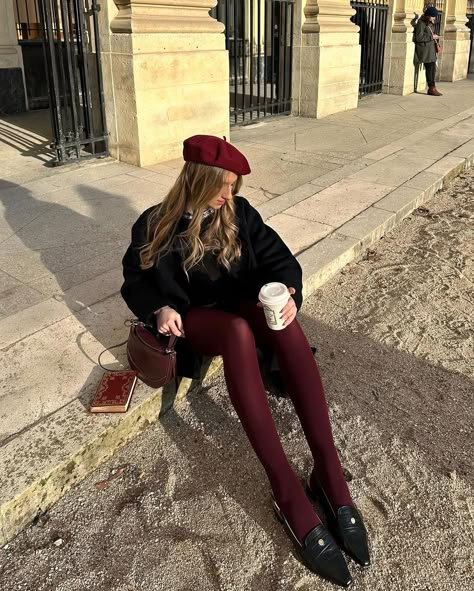 Stockings Outfit Winter, Burgundy Bag Outfit, Red Stockings Outfit, Pantyhose Outfit Winter, Vintage Tights, 20s Outfit, Red Pantyhose, Burgundy Tights, Maroon Outfit