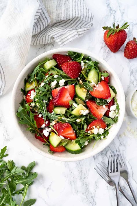 You are going to want this Cucumber Strawberry Salad with Arugula all spring and summer long! It's super fresh, sweet, peppery, and tangy. #HalfYourPlate #Salad #StrawberrySalad #SummerSalad Arugula Strawberry Salad, Strawberry Arugula Salad, Strawberry Vinaigrette, Cookout Side Dishes, 2023 Recipes, Bbq Side, Cilantro Lime Dressing, Bbq Sides, Side Dishes For Bbq