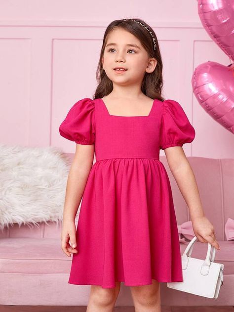 Square Neck Puff Sleeve Dress, Frock Designs For Girl, Frocks For Kids, Simple Frock Design, Shein Kids, Simple Frocks, Girls Dress Sewing Patterns, Tas Fashion, Boho Summer Dresses