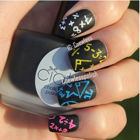 Math Nails - Black matte base coat and colored shiny equations Math Nails, Nails School, Chalkboard Paint, Bank Transfer, Nail Art Ideas, Top Coat, Nailed It, Chalkboard, Nail Design