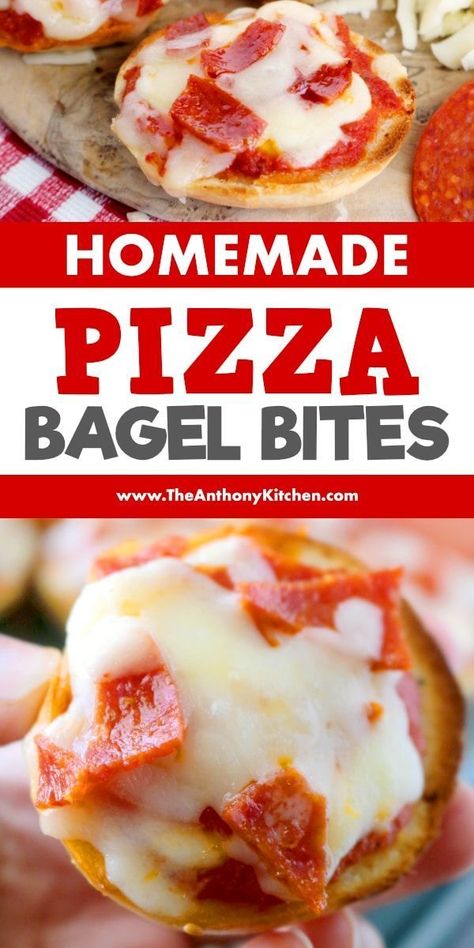 Make these homemade pizza bagel bites for the best game day snacks or for a kid-friendly dinner! They're freezer friendly and make ahead! Featuring mini bagels, pizza sauce, cheese and pepperoni! #gameday #footballfood #bagelbites #gamedaysnacks #appetizer Pizza Bagel Bites, Mini Bagel Pizza, Bagel Bites Recipe, Homemade Frozen Pizza, Resep Makanan Beku, Pizza Bagel, Toaster Oven Recipes, Resep Pizza, Mini Bagels