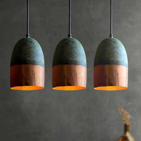 Teal Patina Copper Lighting - Etsy Southwest Lighting Fixtures, Copper Hanging Lights, Copper Outdoor Lighting, Copper Ceiling Lights, Farmhouse Light, Cement Pendant Light, Copper Ceiling, Copper Fixture, Kitchen Pendant