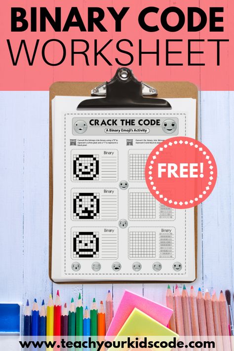 Teach your kids binary code! This free worksheet is a perfect way to get kids thinking about computer science. This free coding worksheet themed with emojis will be fun for the entire class. Check out our other free printable worksheets for the classroom. A lesson on binary code! #printable  #worksheet #freebie Coding Worksheets Free Printable, Stem Worksheets Free Printables, Coding Worksheet, About Computer Science, Computer Science Lessons, Kids Coding, Binary Number, Coding Games, Coding Lessons