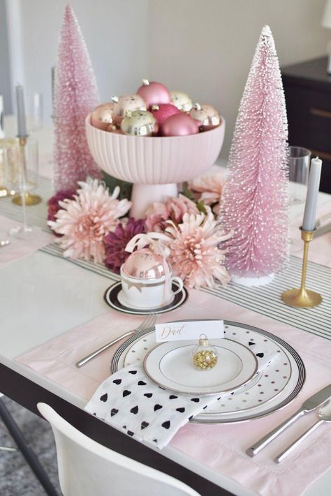 Pink And Silver Christmas Table, Pink Christmas Party, Pink Christmas Table, Blush Christmas, 2023 Decor, Black White Christmas, Girly Makeup, Pink Fall, Holiday Home Tour