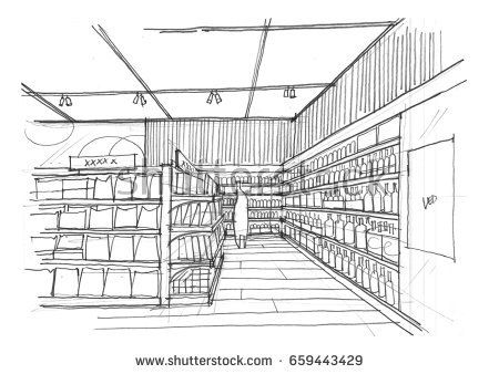 hand sketch perspective view of supermarket Library Room Drawing Sketch, Supermarket Drawing, Library Sketch, Store Sketch, Sketch Perspective, Library Drawing, Book Bin, Perspective View, One Point Perspective