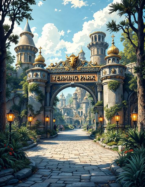 Theme Park Entrance Design, Theme Park Tycoon 2 Entrance Ideas, Planet Coaster Entrance, Theme Park Entrance, Theme Park Planning, Park Entrance, Planet Coaster, Entrance Design, Theme Parks