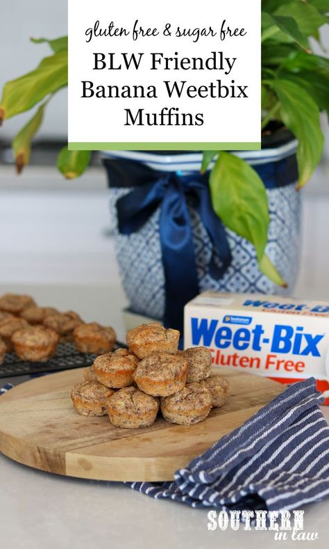 A baby led weaning friendly recipe, these Weetbix Banana Muffins Recipe is sugar free, gluten free and so easy to make. A BLW fave that babies, toddlers and the whole family will love. Banana Muffins Gluten Free, Baby Led Weaning Recipe, Blw Recipes, Banana Muffins Recipe, Gluten Free Banana Muffins, Best Gluten Free Desserts, Recipe Gluten Free, Banana Muffin Recipe, Baby Led Weaning Recipes