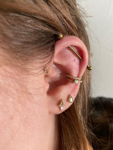 Conch With Industrial Piercing, Conch Industrial Piercing, Industrial And Forward Helix Piercing, Ear Styling With Industrial, Industrial And Conch Piercing, Conch And Industrial Piercing, Industrial And Helix Piercing, Double Industrial Piercing, Ear Piercing Ideas With Industrial