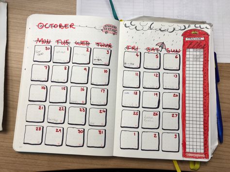 Bullet journal month planner with a London theme. Habit tracker as a red telephone box and got to have red double decker bus and a little bit of rain London Bujo Theme, Bujo 2023, Red Calendar, Bullet Journal August, Bullet Journal September, Notebook Decoration, Boulet Journal, Bujo Spreads, Bullet Journal Month